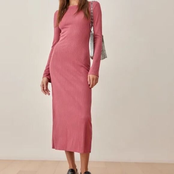 Reformation Ribbed Benedict Long Sleeves Midi Dress in Rust Large MSRP $148 - Picture 2 of 10